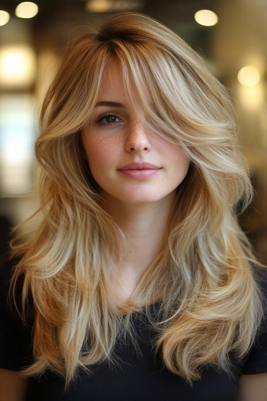 photo portrait of a beautiful young woman with long layered blond hairstyle with textured bangs in a hair salon