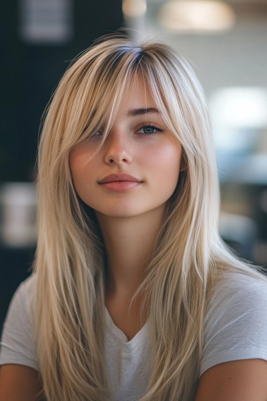 photo portrait of a beautiful young woman with long layered blond hairstyle with straight across bangs in a hair salon