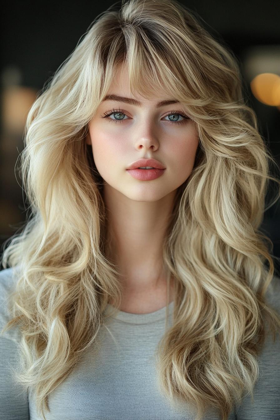 photo portrait of a beautiful young woman with long layered blond hairstyle with curly bangs in a hair salon