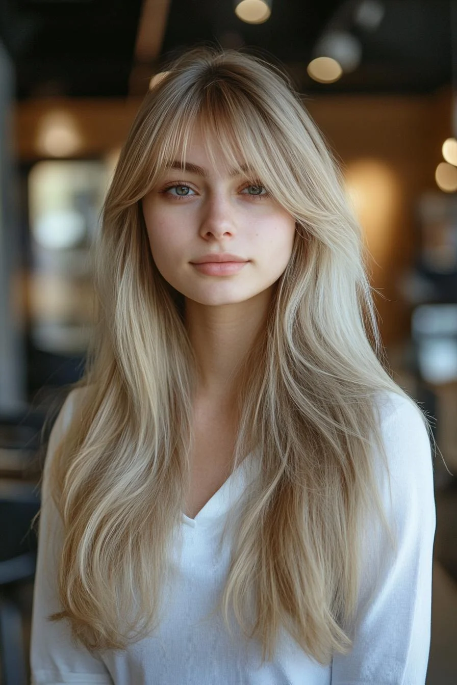 photo portrait of a beautiful young woman with long layered blond hairstyle with micro bangs in a hair salon