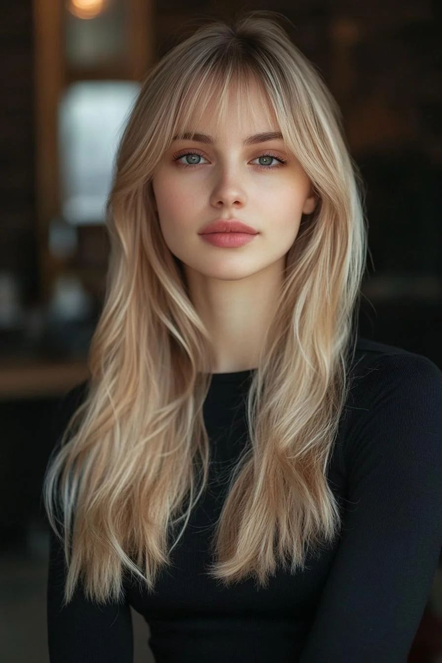 photo portrait of a beautiful young woman with long layered blond hairstyle with arched bangs in a hair salon