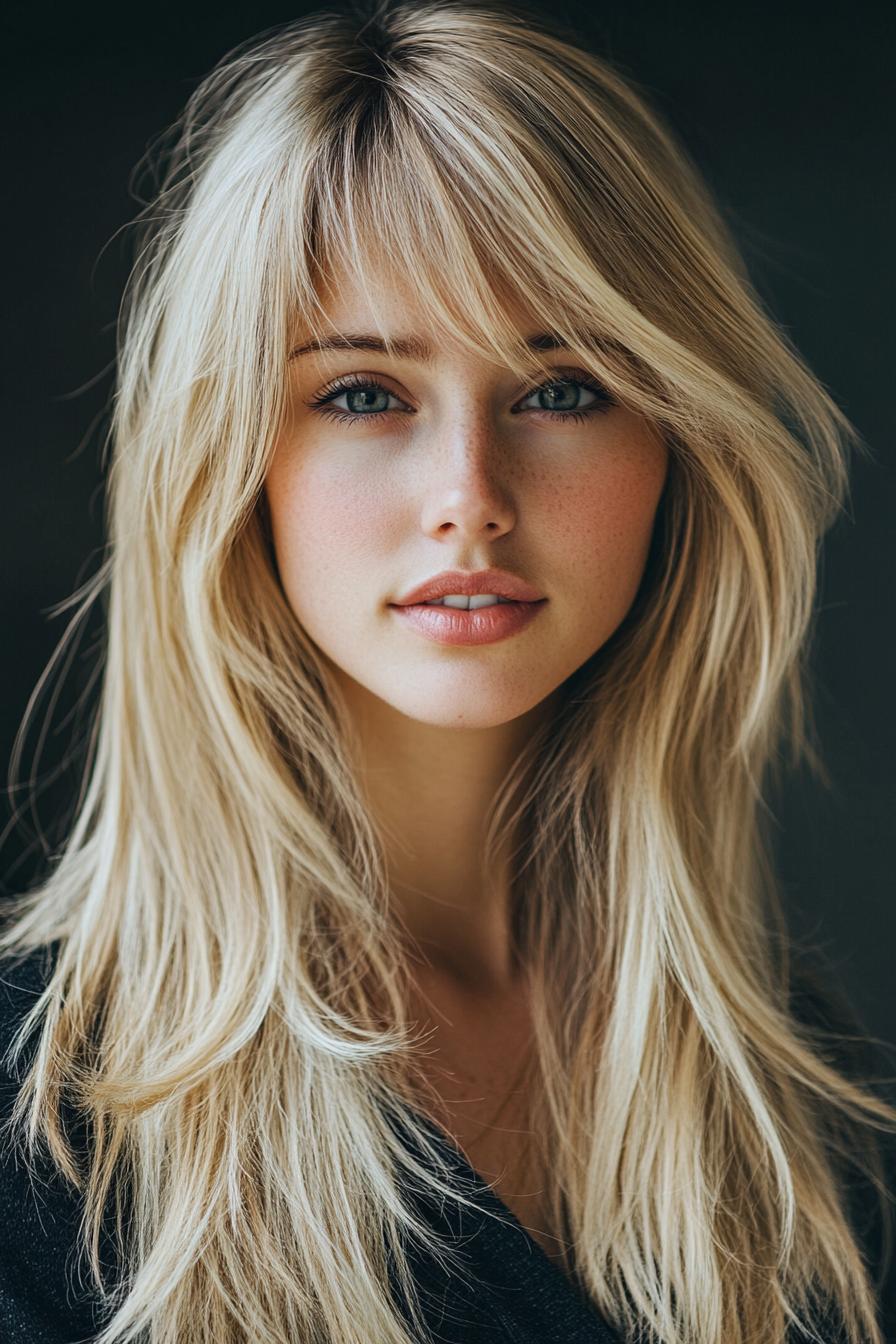 photo portrait of a beautiful young woman with long layered blond hairstyle with layered bangs in a hair salon