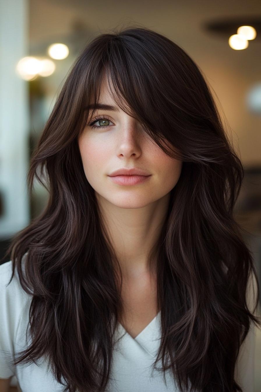 photo portrait of a beautiful young woman with long layered dark hairstyle with Curtain bangs in a hair salon