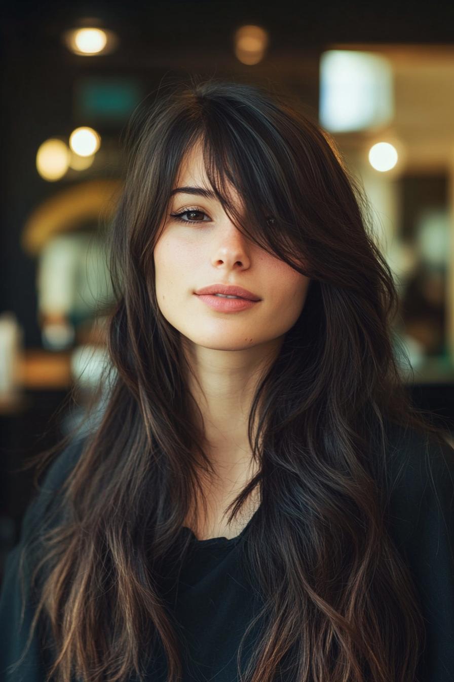 photo portrait of a beautiful young woman with long layered dark hairstyle with side swept bangs in a hair salon