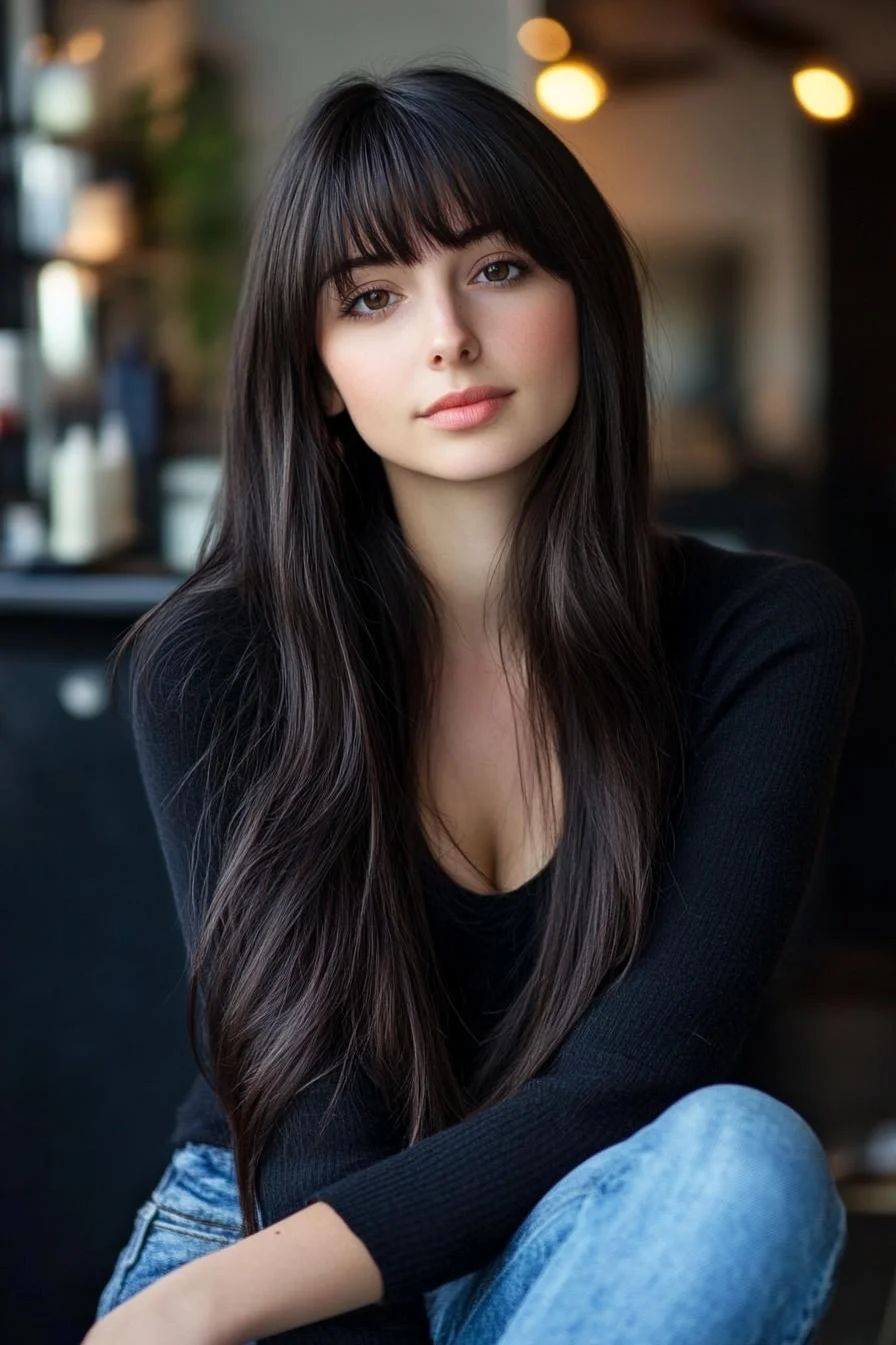 photo portrait of a beautiful young woman with long layered dark hairstyle with blunt bangs in a hair salon