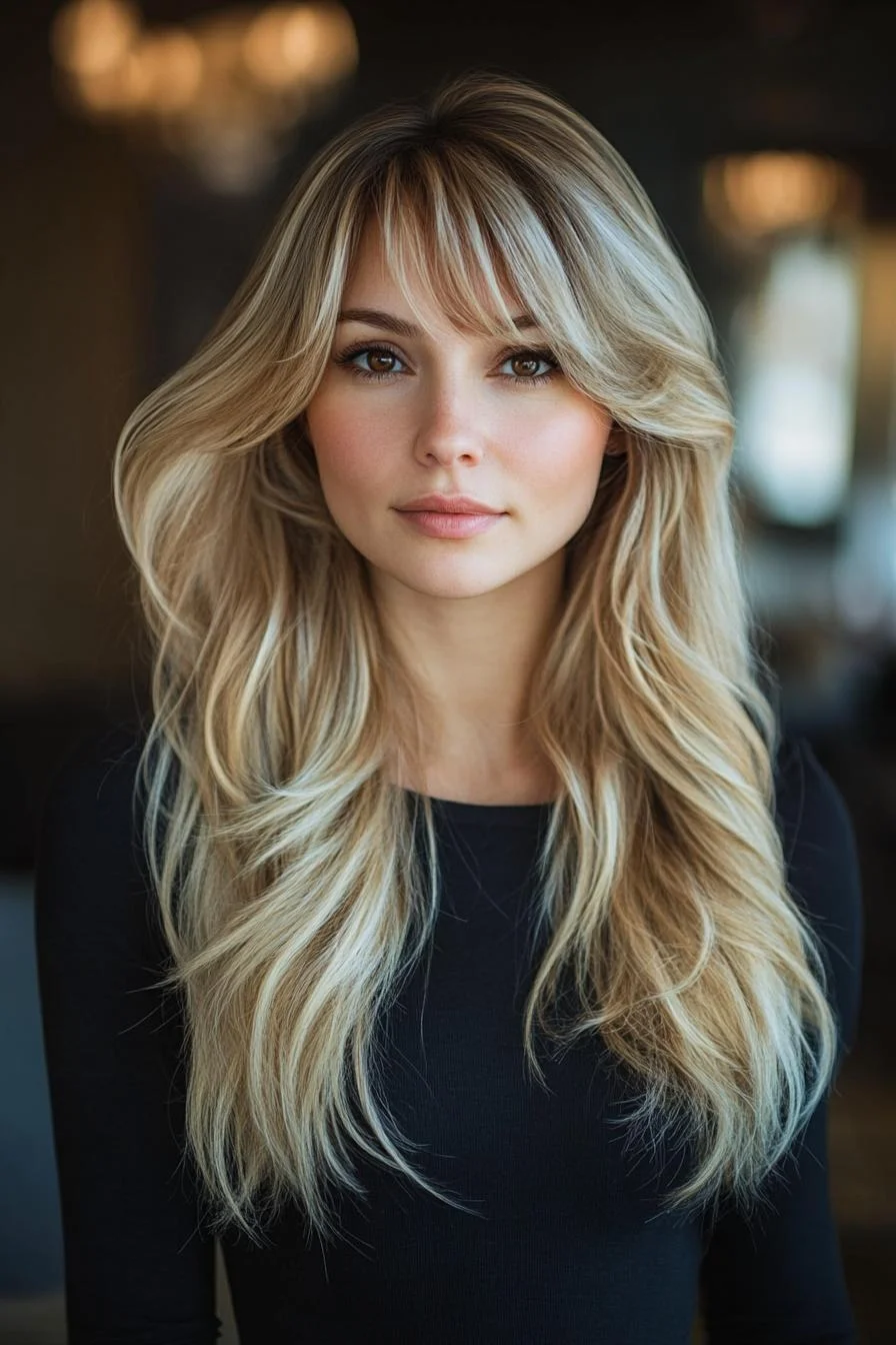 photo portrait of a beautiful young woman with long layered blond hairstyle with side swept bangs in a hair salon