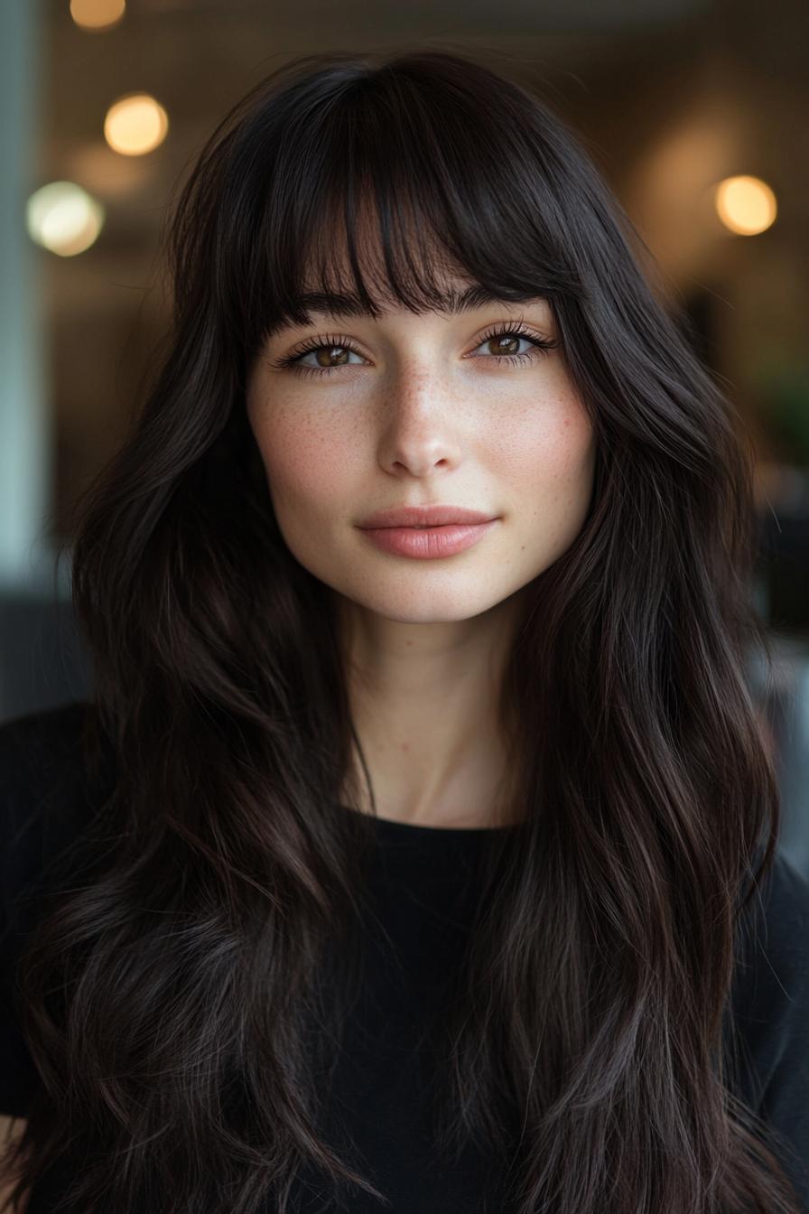 photo portrait of a beautiful young woman with long layered dark hairstyle with baby bangs in a hair salon