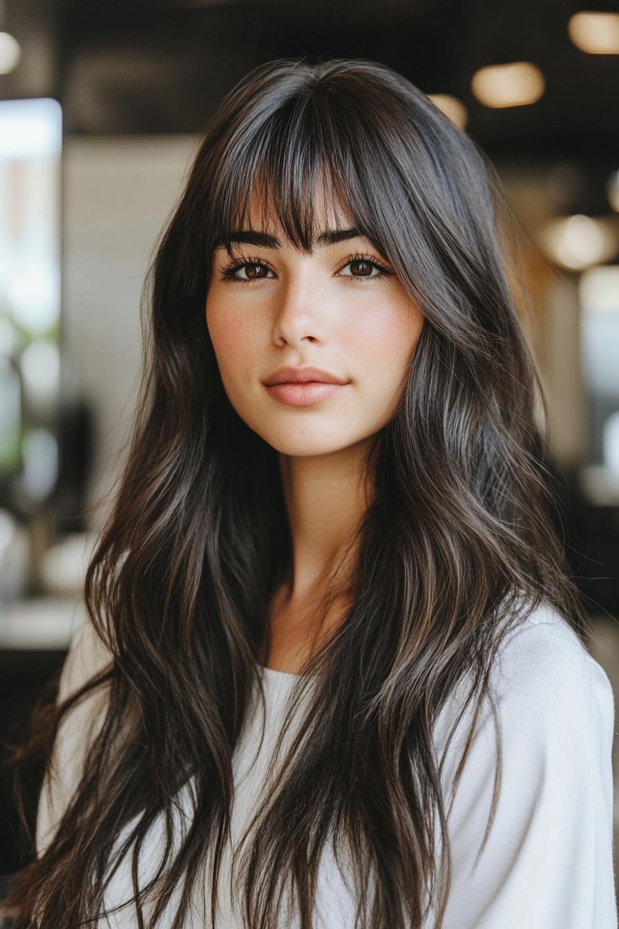 photo portrait of a beautiful young woman with long layered dark hairstyle with wispy bangs in a hair salon