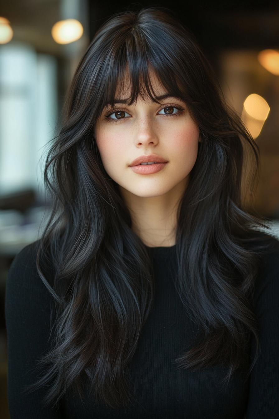 photo portrait of a beautiful young woman with long layered dark hairstyle with asymmetrical bangs in a hair salon