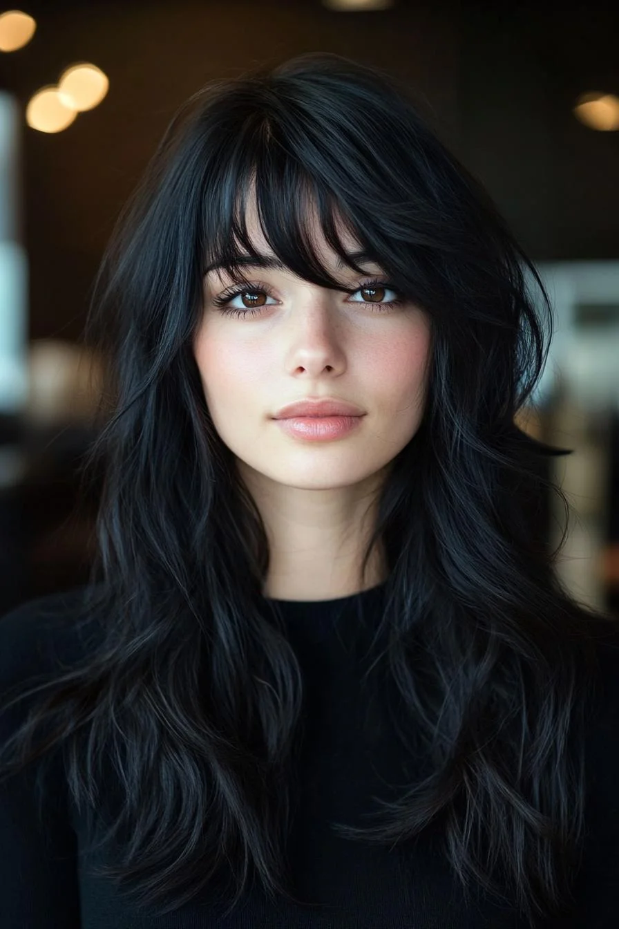 photo portrait of a beautiful young woman with long layered dark hairstyle with choppy bangs in a hair salon