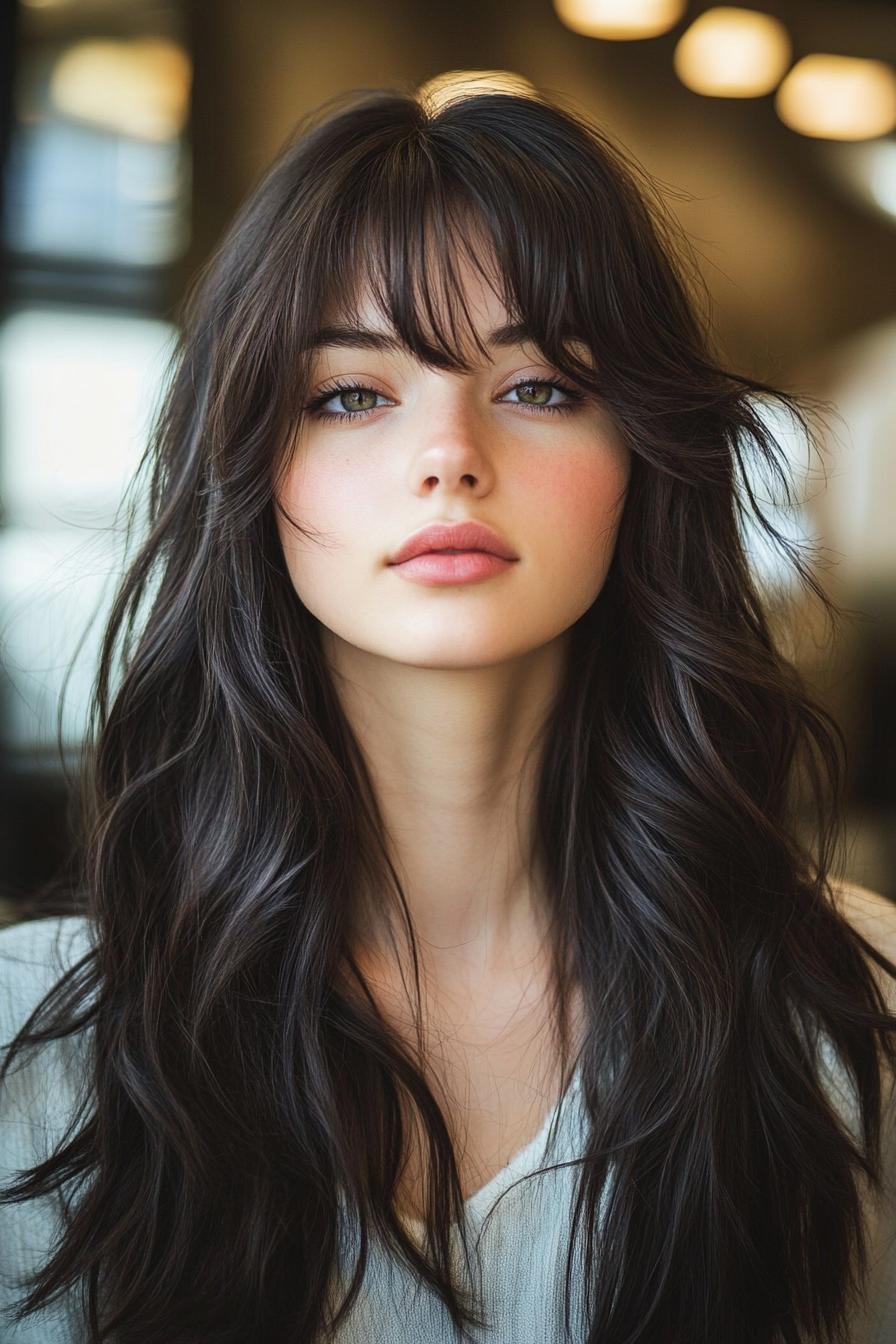 photo portrait of a beautiful young woman with long layered dark hairstyle with feathered bangs in a hair salon