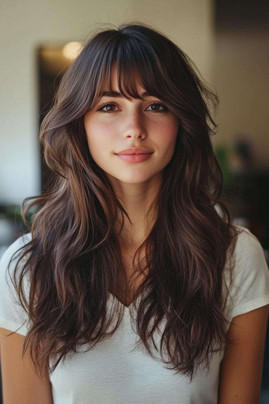 photo portrait of a beautiful young woman with long layered dark hairstyle with curtain fringe in a hair salon