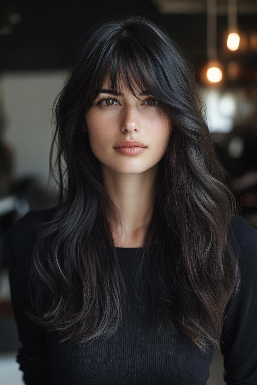 photo portrait of a beautiful young woman with long layered dark hairstyle with textured bangs in a hair salon