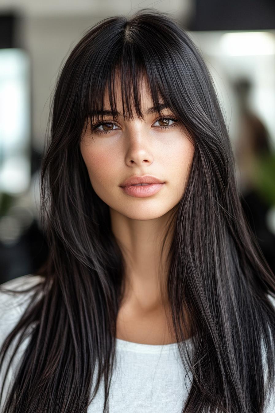 photo portrait of a beautiful young woman with long layered dark hairstyle with straight across bangs in a hair salon