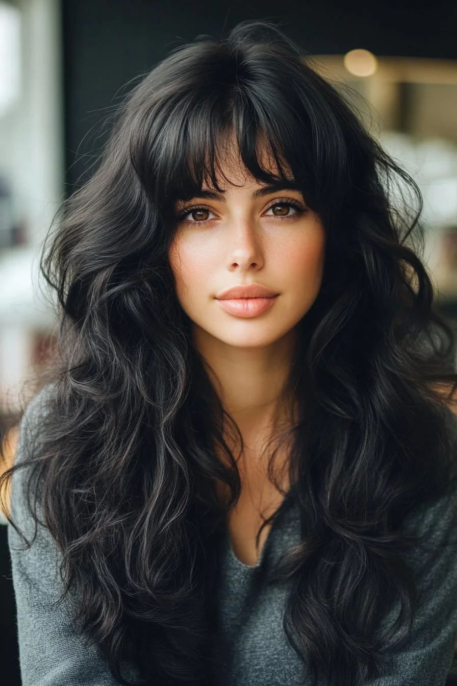 photo portrait of a beautiful young woman with long layered dark hairstyle with curly bangs in a hair salon