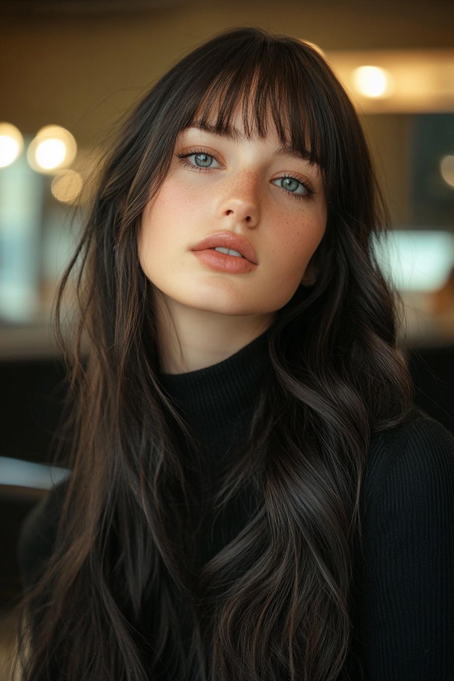 photo portrait of a beautiful young woman with long layered dark hairstyle with micro bangs in a hair salon