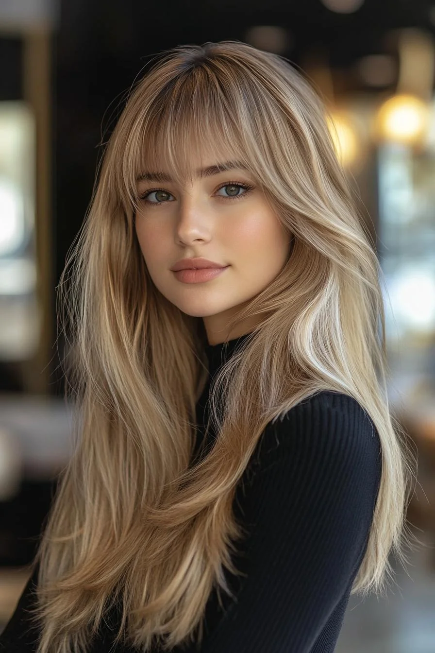 photo portrait of a beautiful young woman with long layered blond hairstyle with blunt bangs in a hair salon