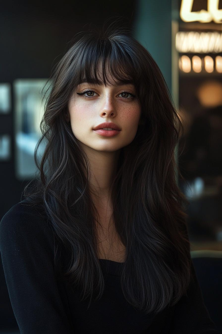 photo portrait of a beautiful young woman with long layered dark hairstyle with arched bangs in a hair salon