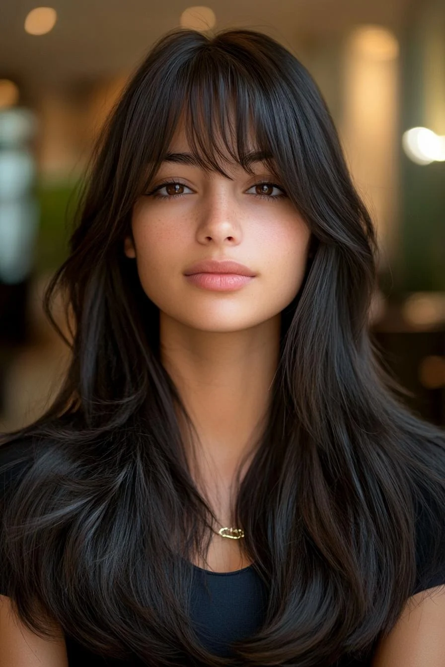 photo portrait of a beautiful young woman with long layered dark hairstyle with layered bangs in a hair salon