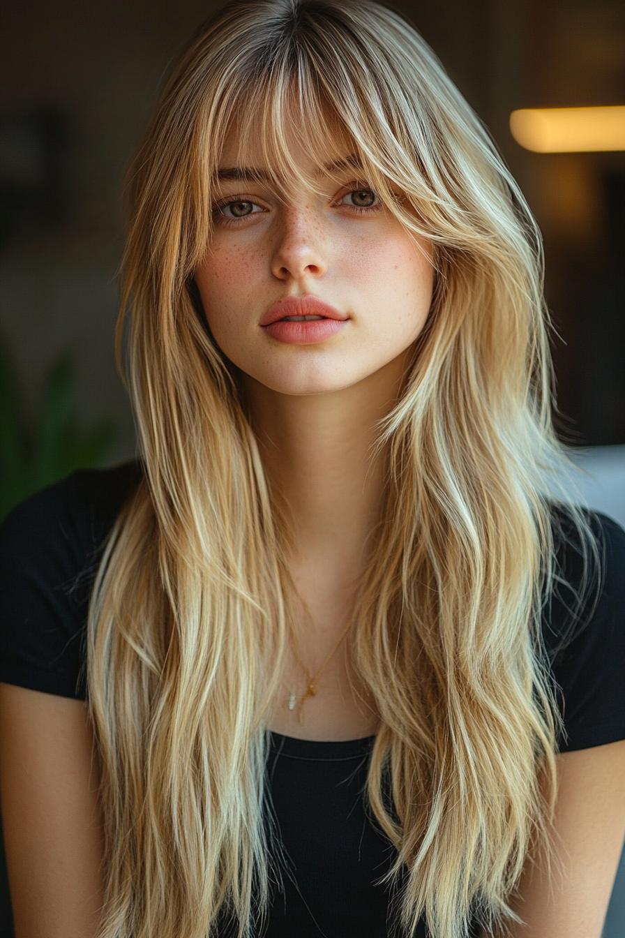 photo portrait of a beautiful young woman with long layered blond hairstyle with Curtain bangs in a hair salon