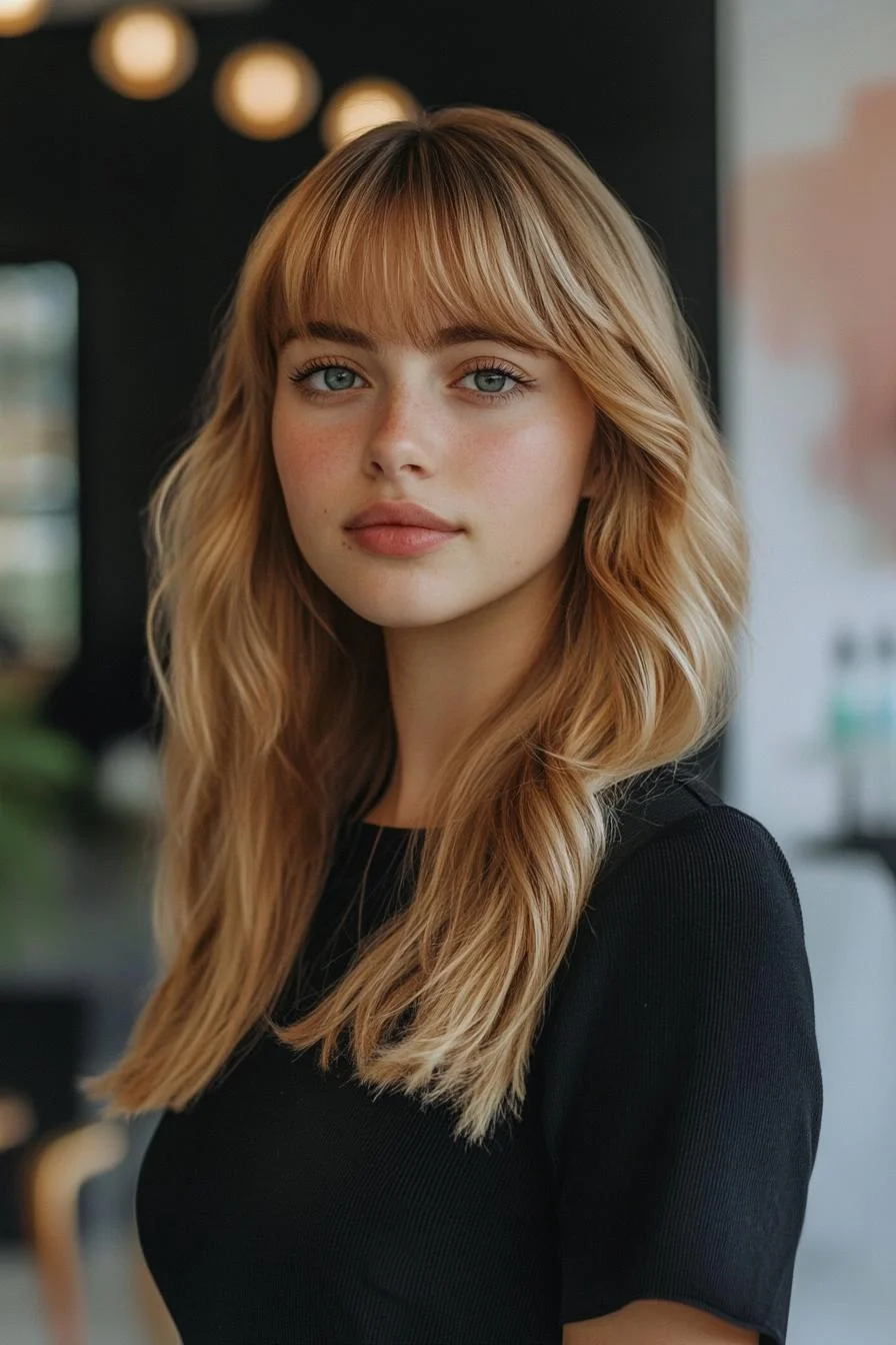 photo portrait of a beautiful young woman with long layered blond hairstyle with baby bangs in a hair salon