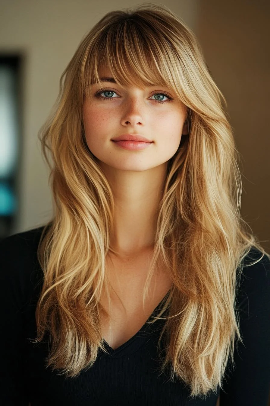 photo portrait of a beautiful young woman with long layered blond hairstyle with wispy bangs in a hair salon