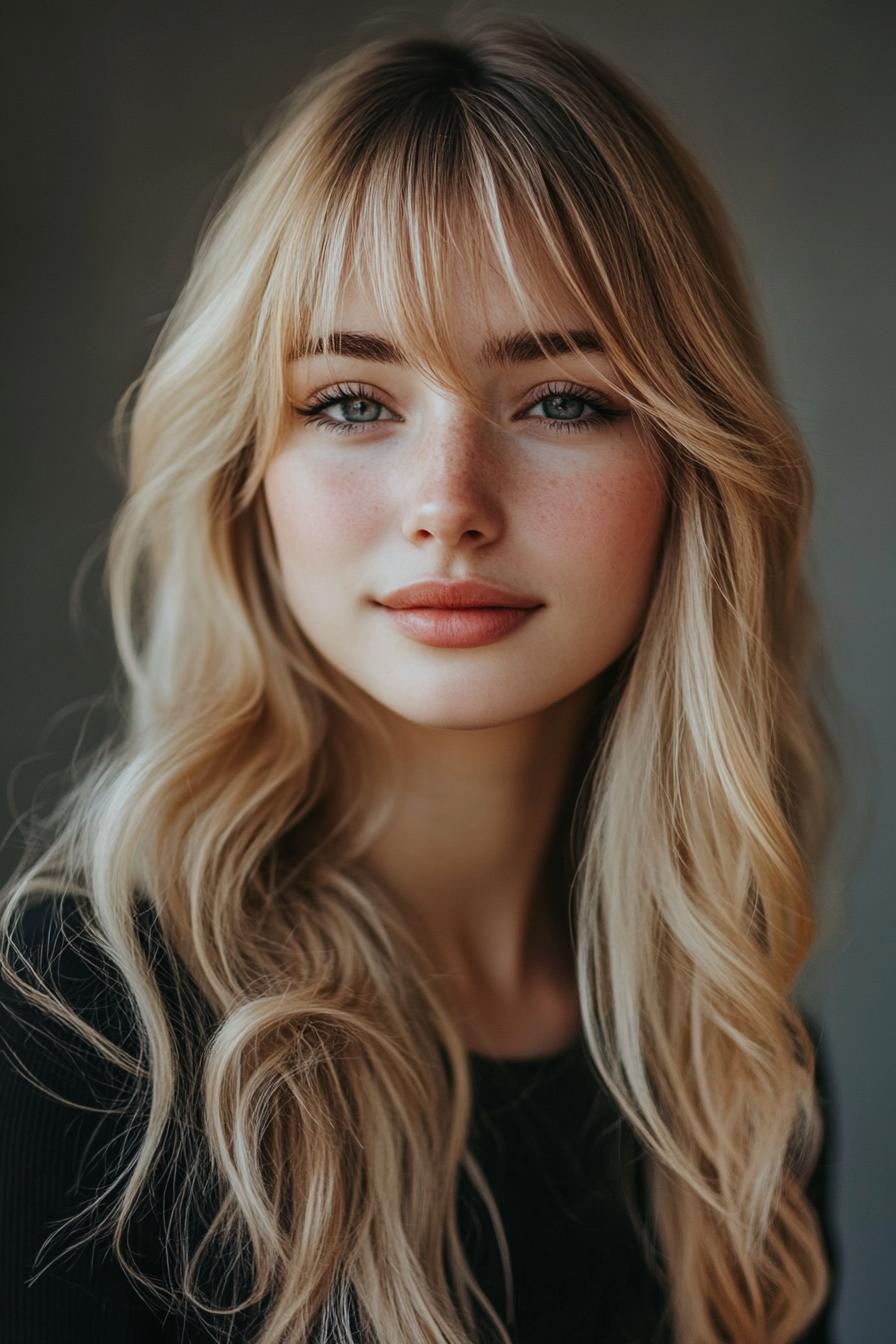 photo portrait of a beautiful young woman with long layered blond hairstyle with asymmetrical bangs in a hair salon