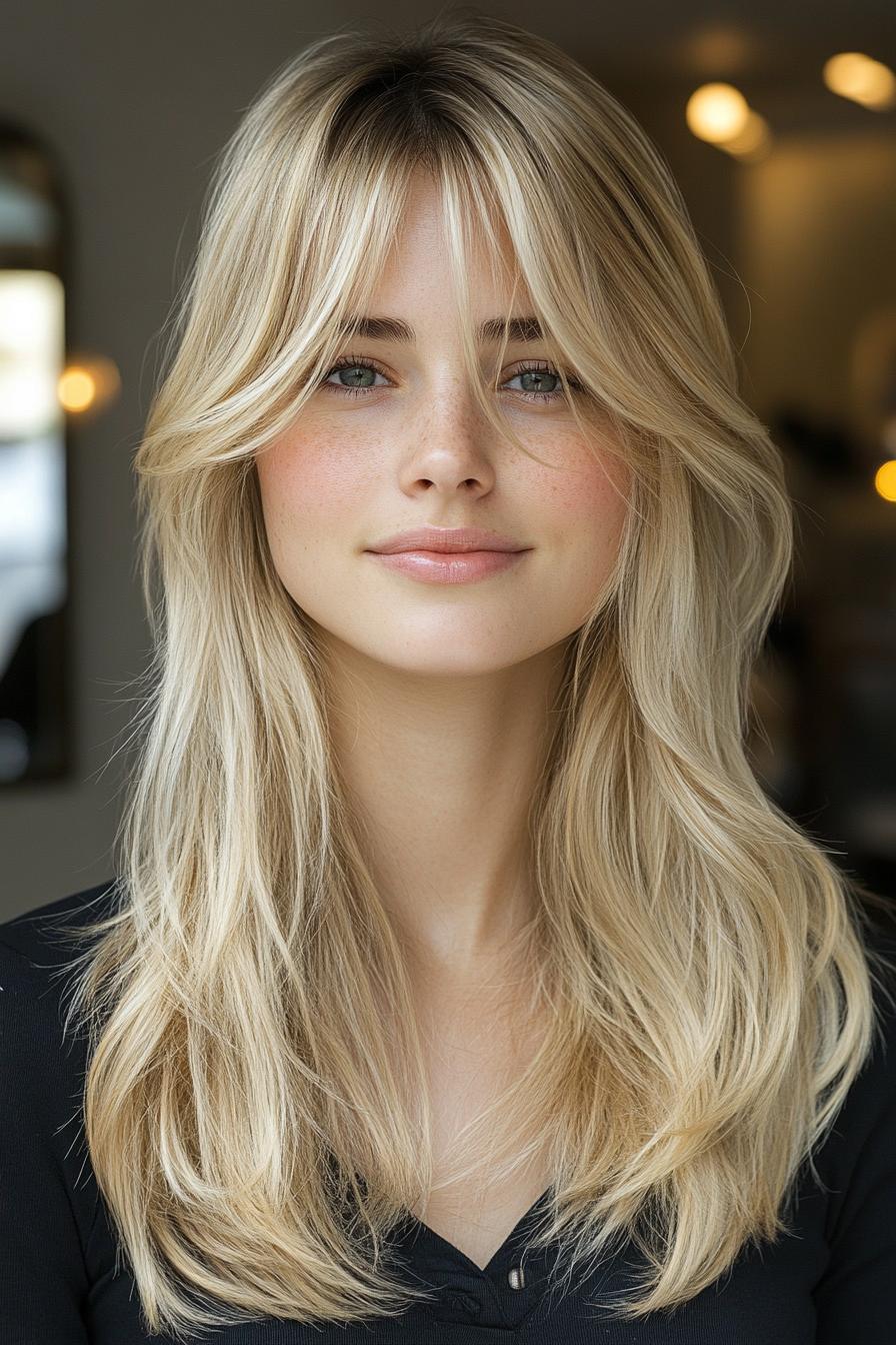 photo portrait of a beautiful young woman with long layered blond hairstyle with choppy bangs in a hair salon