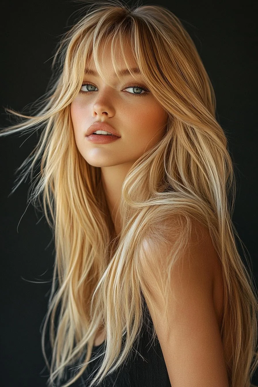 photo portrait of a beautiful young woman with long layered blond hairstyle with feathered bangs in a hair salon