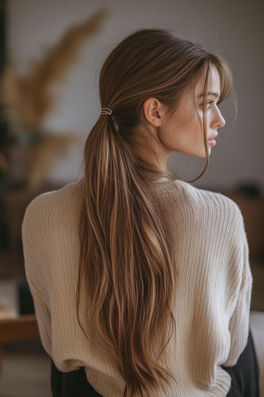 Woman with long ashy bronde balayage hairstyle in a ponytail