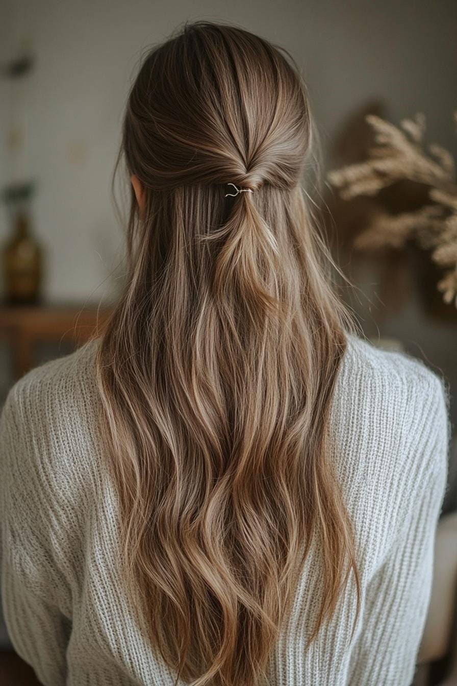 Long ashy bronde hair with a loose half-up twist