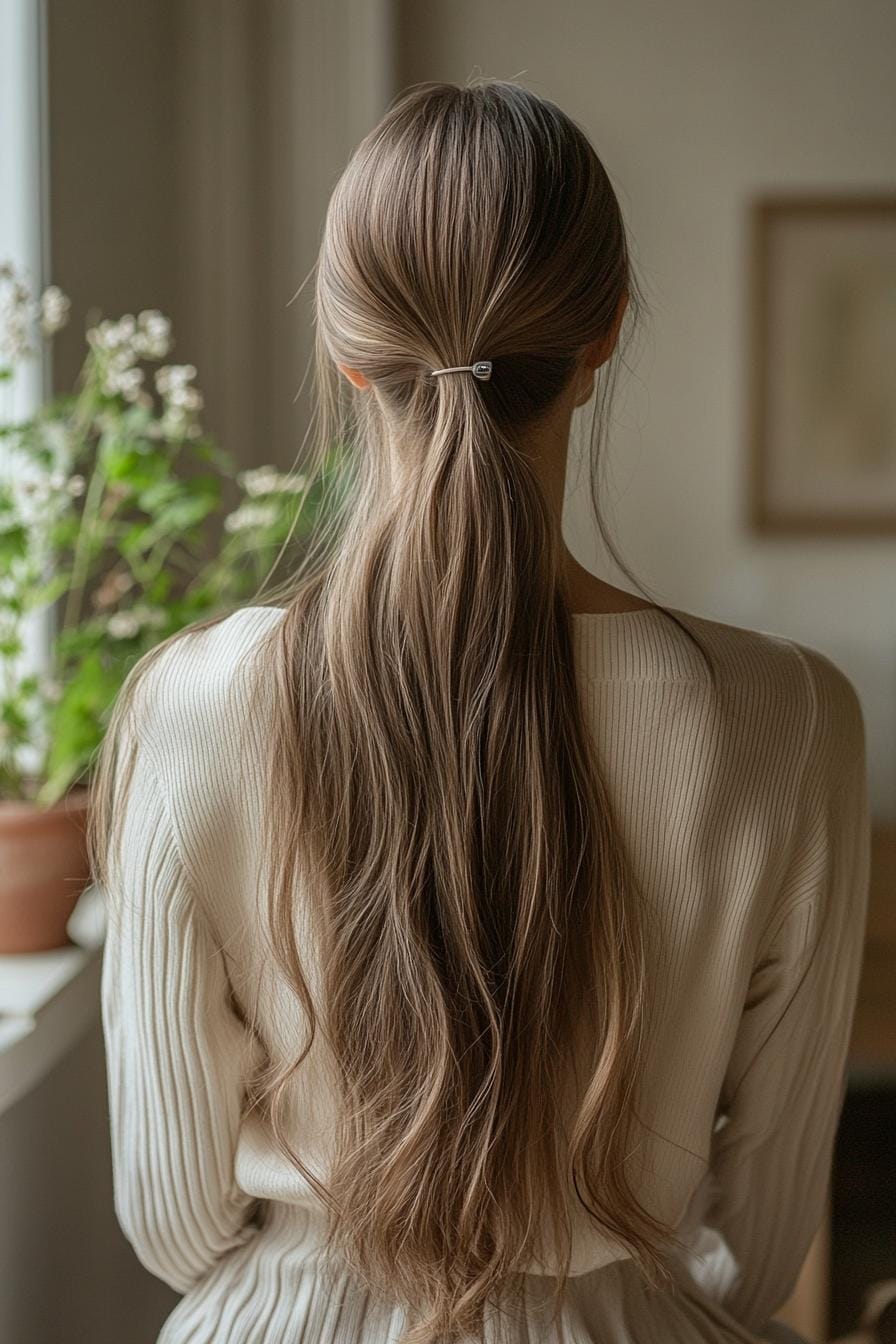 Long ashy bronde ponytail with soft waves