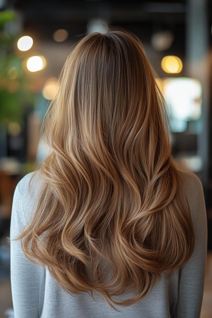 Close-up of long, wavy ashy bronde hair flowing gracefully