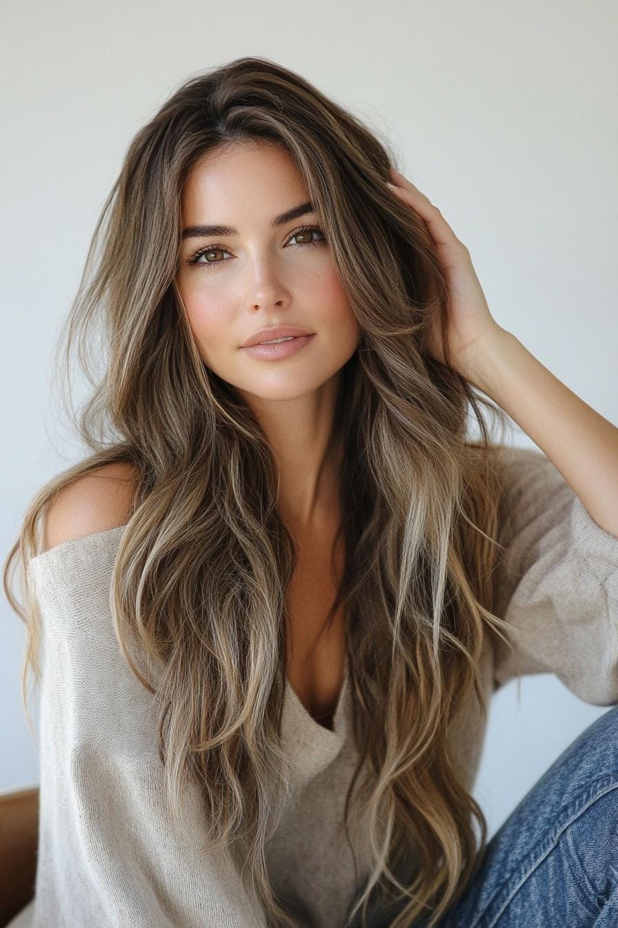 Long wavy ashy bronde hairstyle with soft highlights