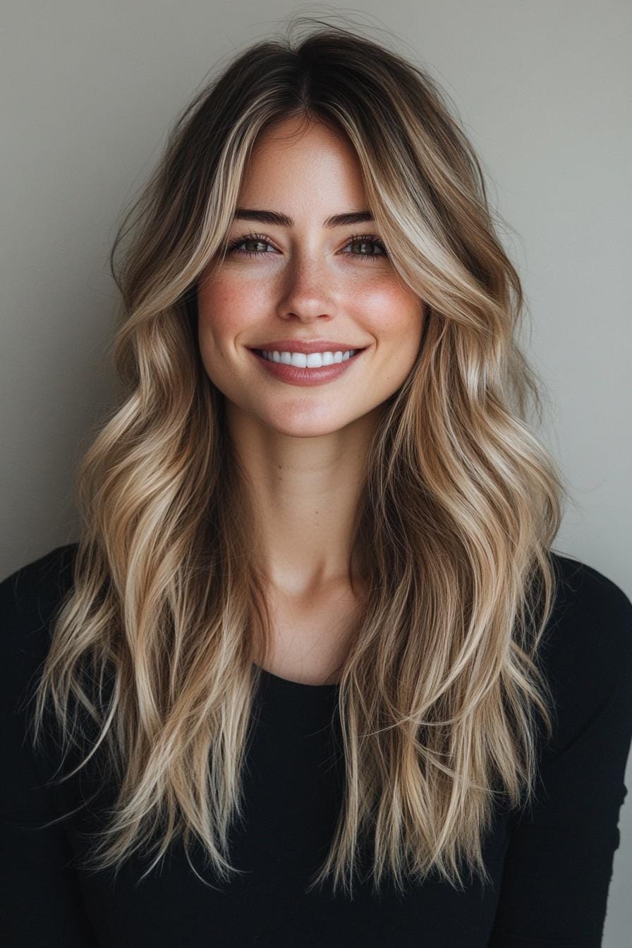 Soft ashy bronde waves with a middle part