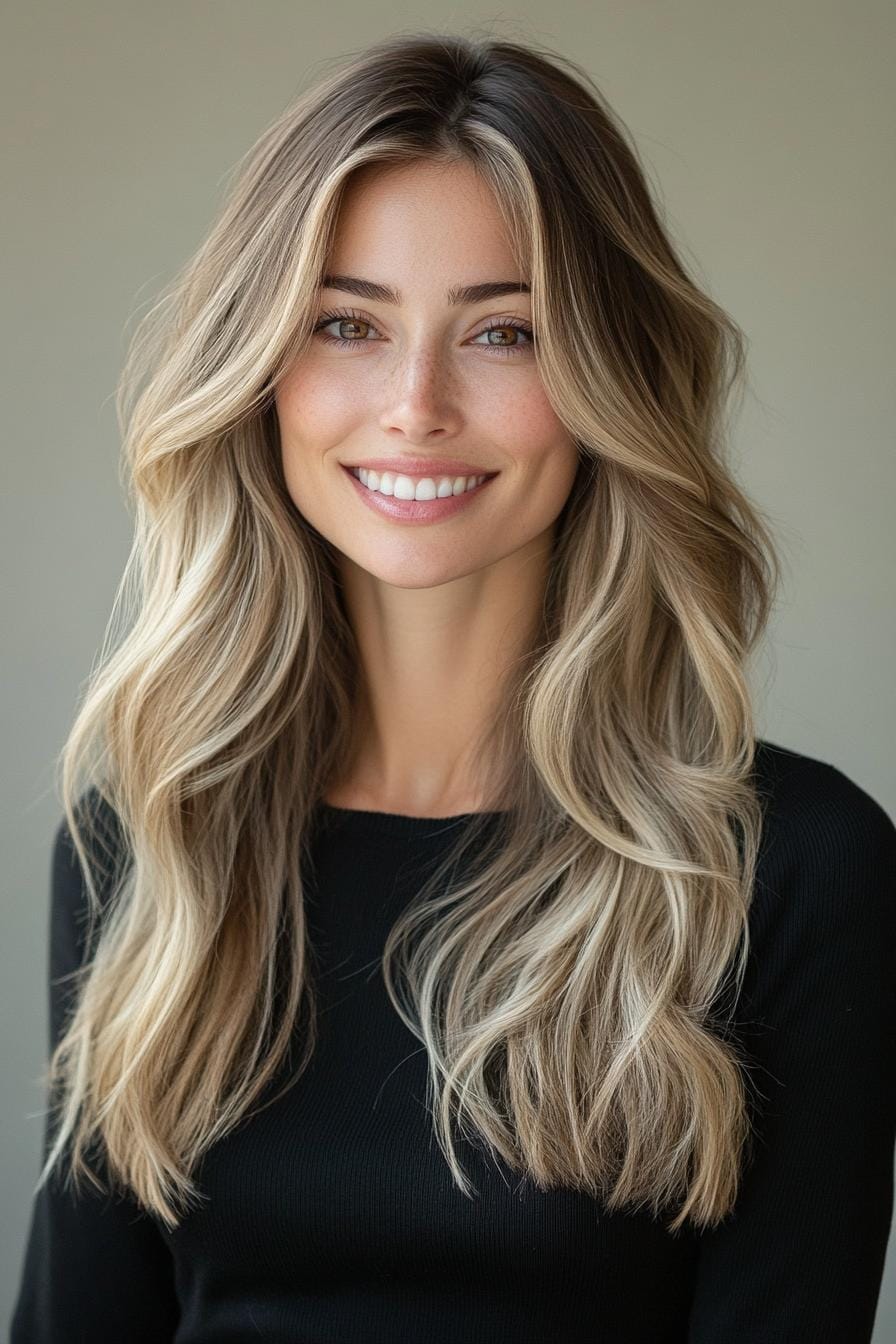 Woman with long, wavy ashy bronde hair, smiling