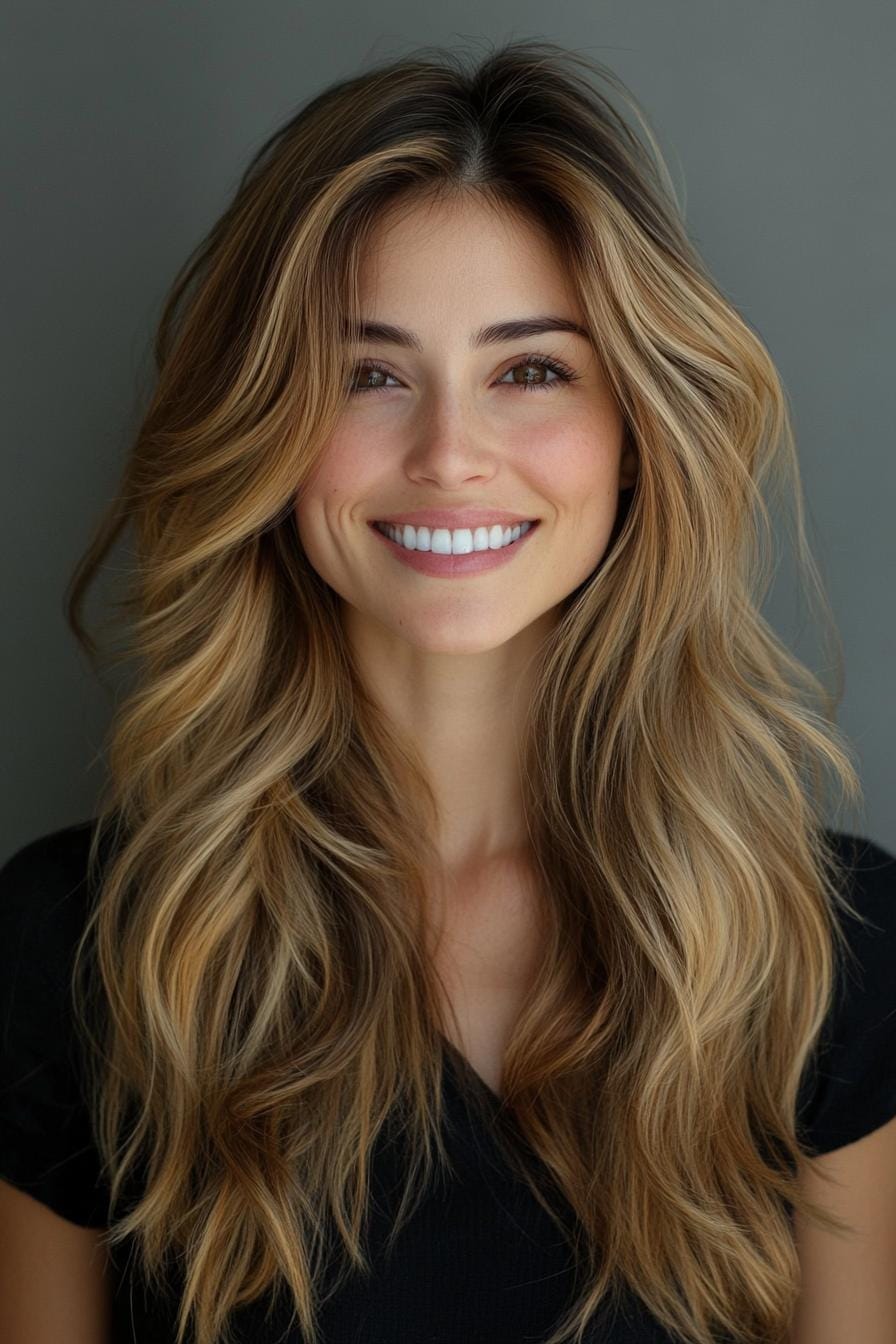 Woman with long ashy bronde balayage hairstyle