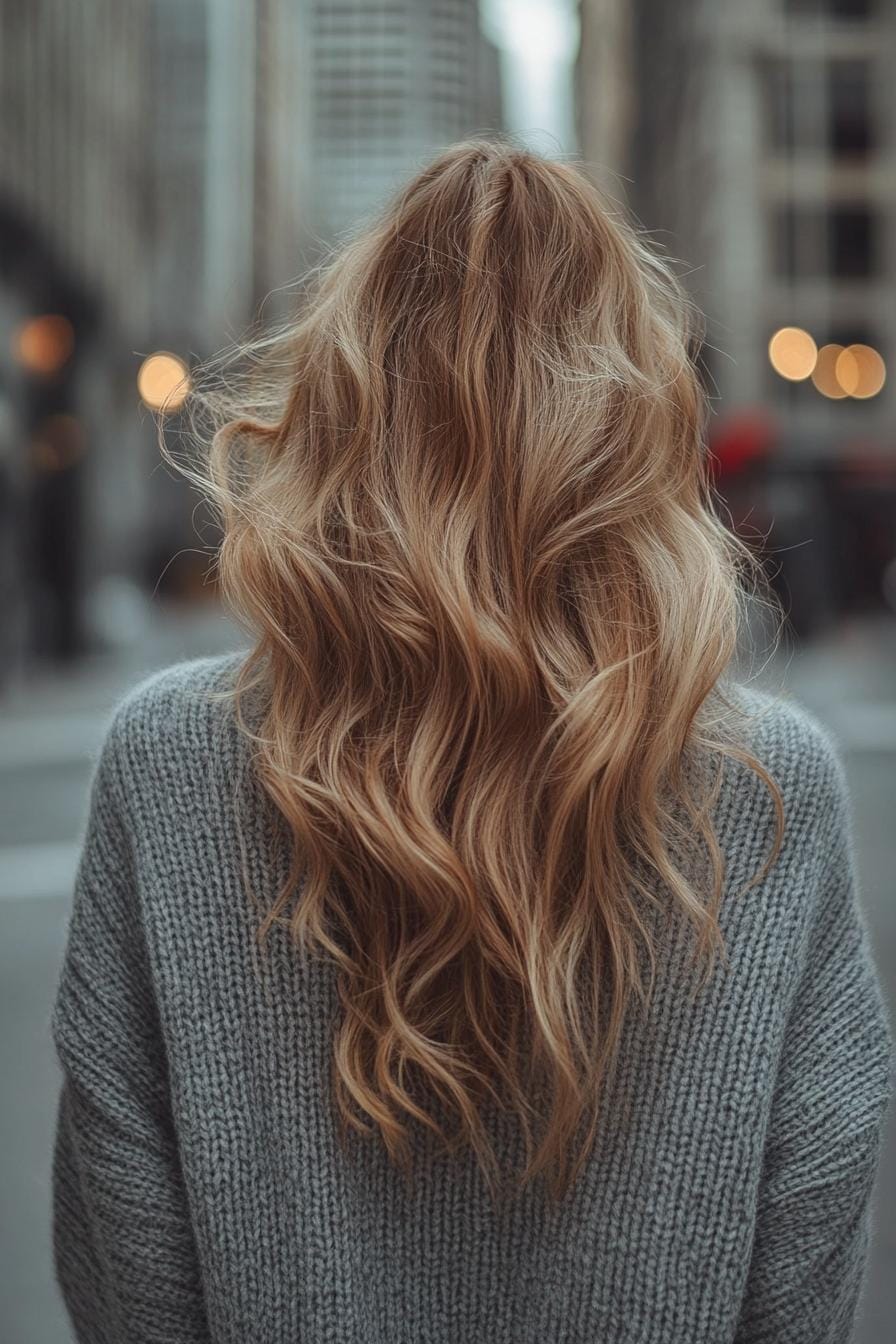 Back view of ashy bronde balayage hairstyle with loose waves