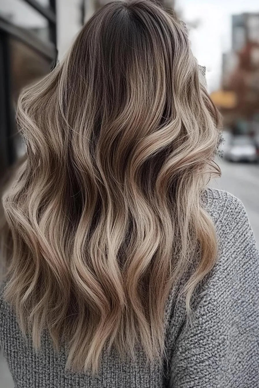 Photo of an Instagram model with long wavy hair featuring a ash blonde balayage. Her hair is styled in the back and she is wearing a grey oversized 4