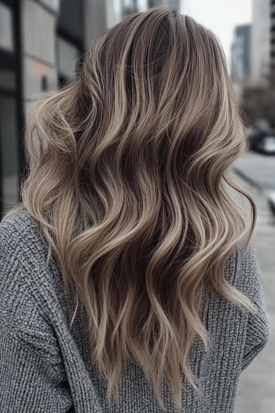 Back view of wavy ashy bronde balayage hairstyle