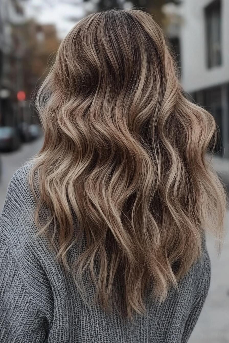 Wavy ashy bronde hair flowing down