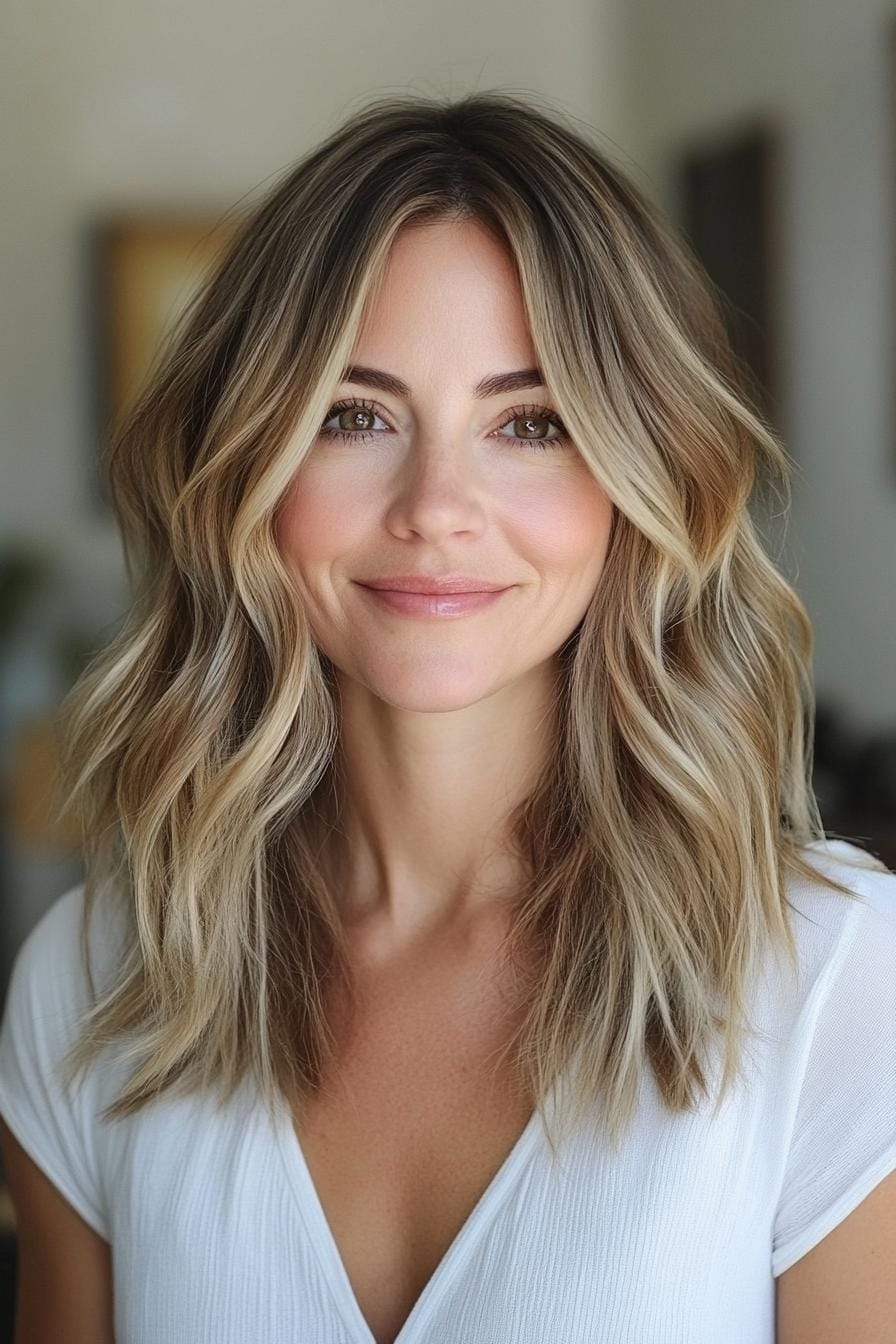 Woman with wavy ashy bronde hair smiling