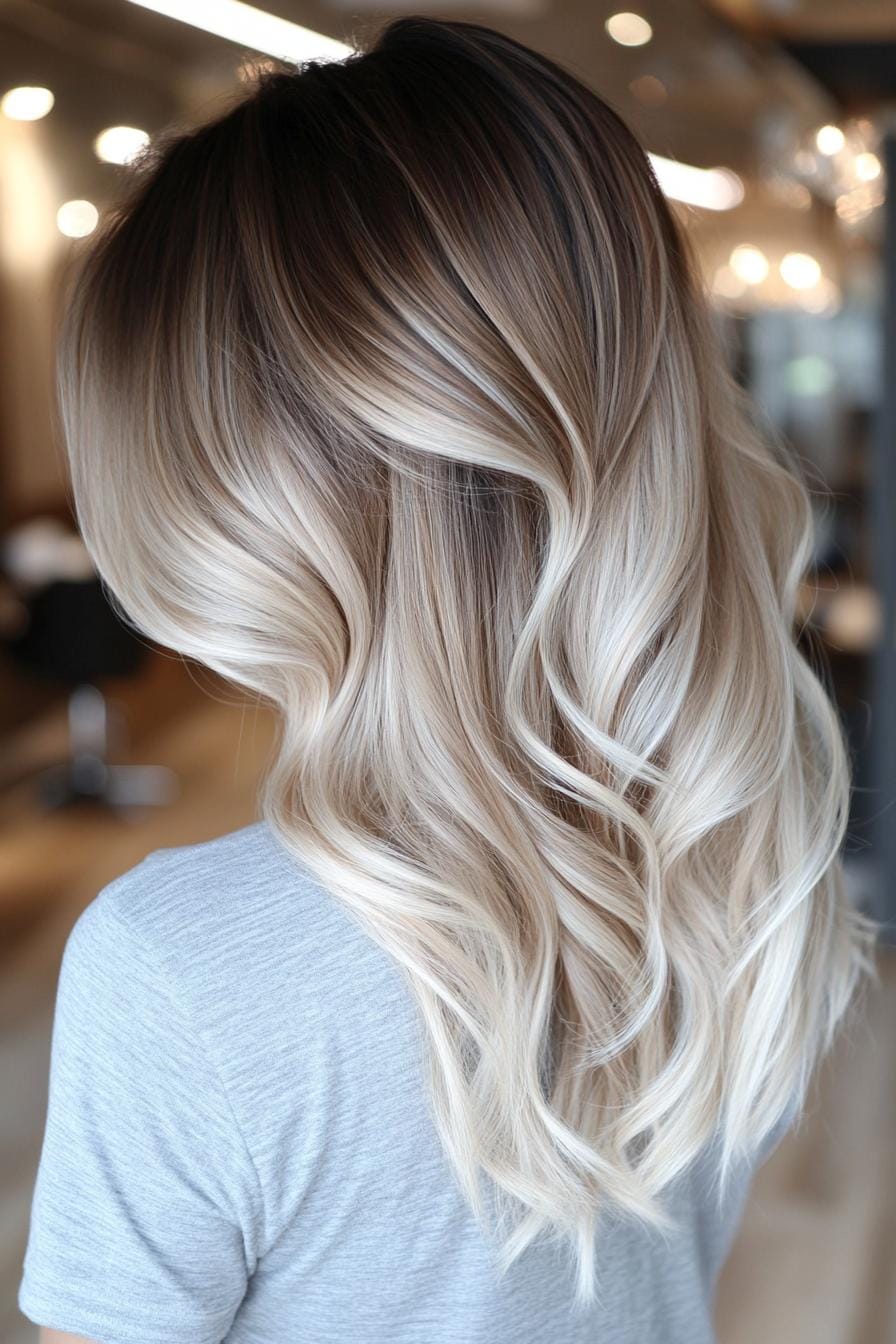 Wavy ashy bronde balayage hair