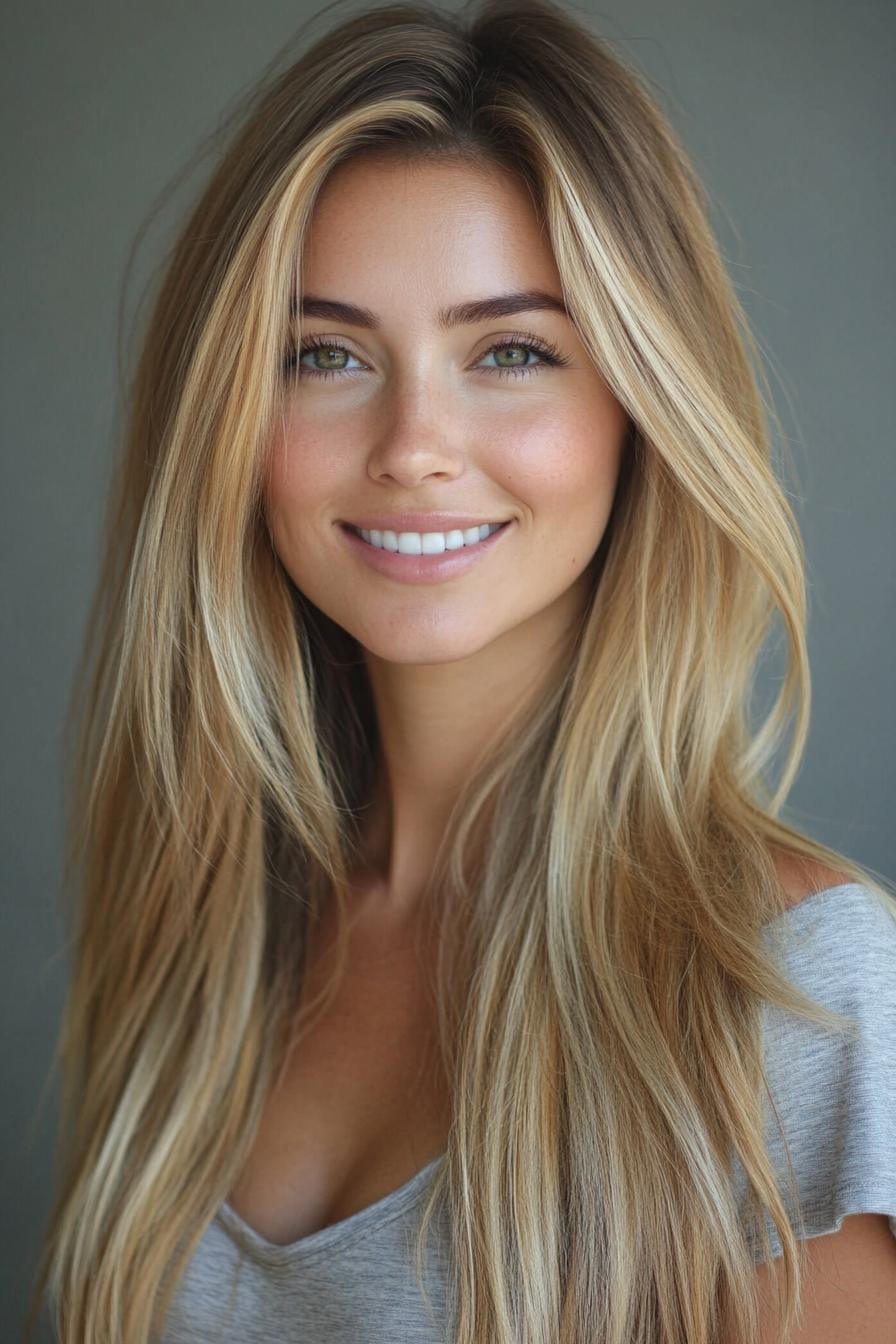 Smiling with soft bronde balayage hair