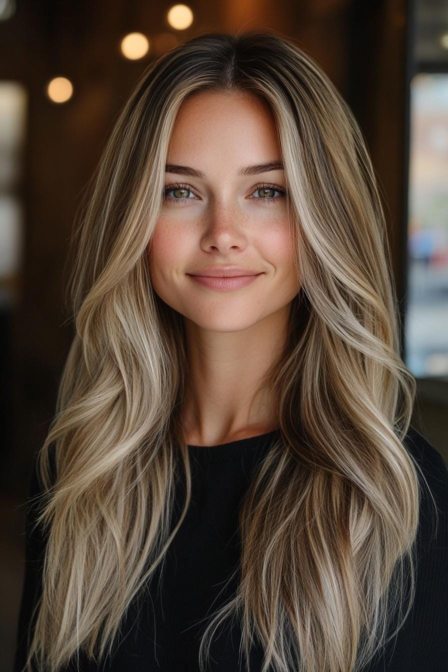 Soft ashy bronde waves cascading gracefully