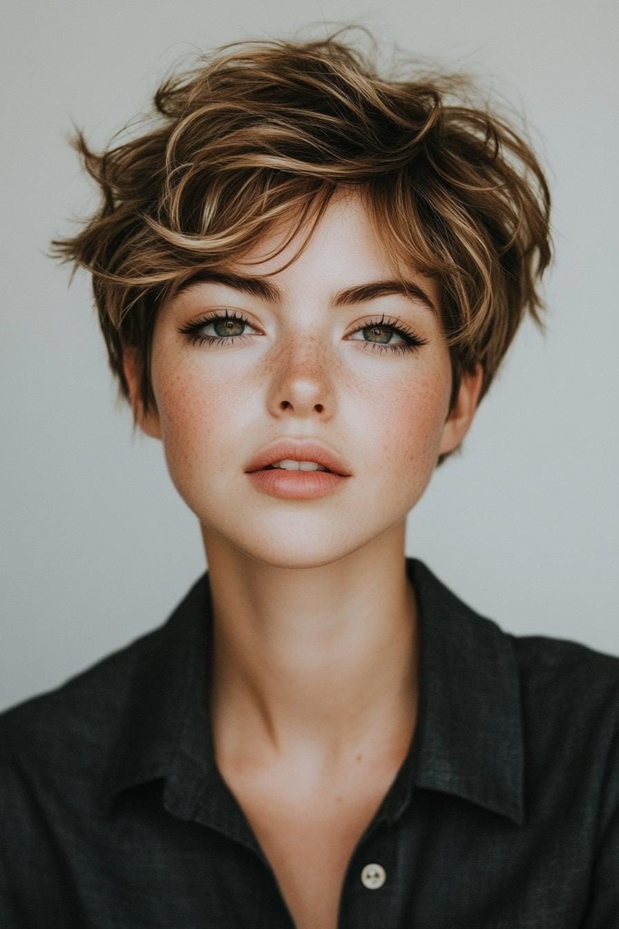 Short, tousled pixie cut with a playful vibe