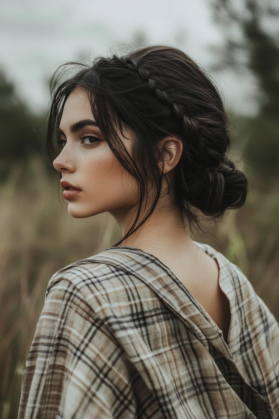 Short hair styled in a braided updo with loose strands