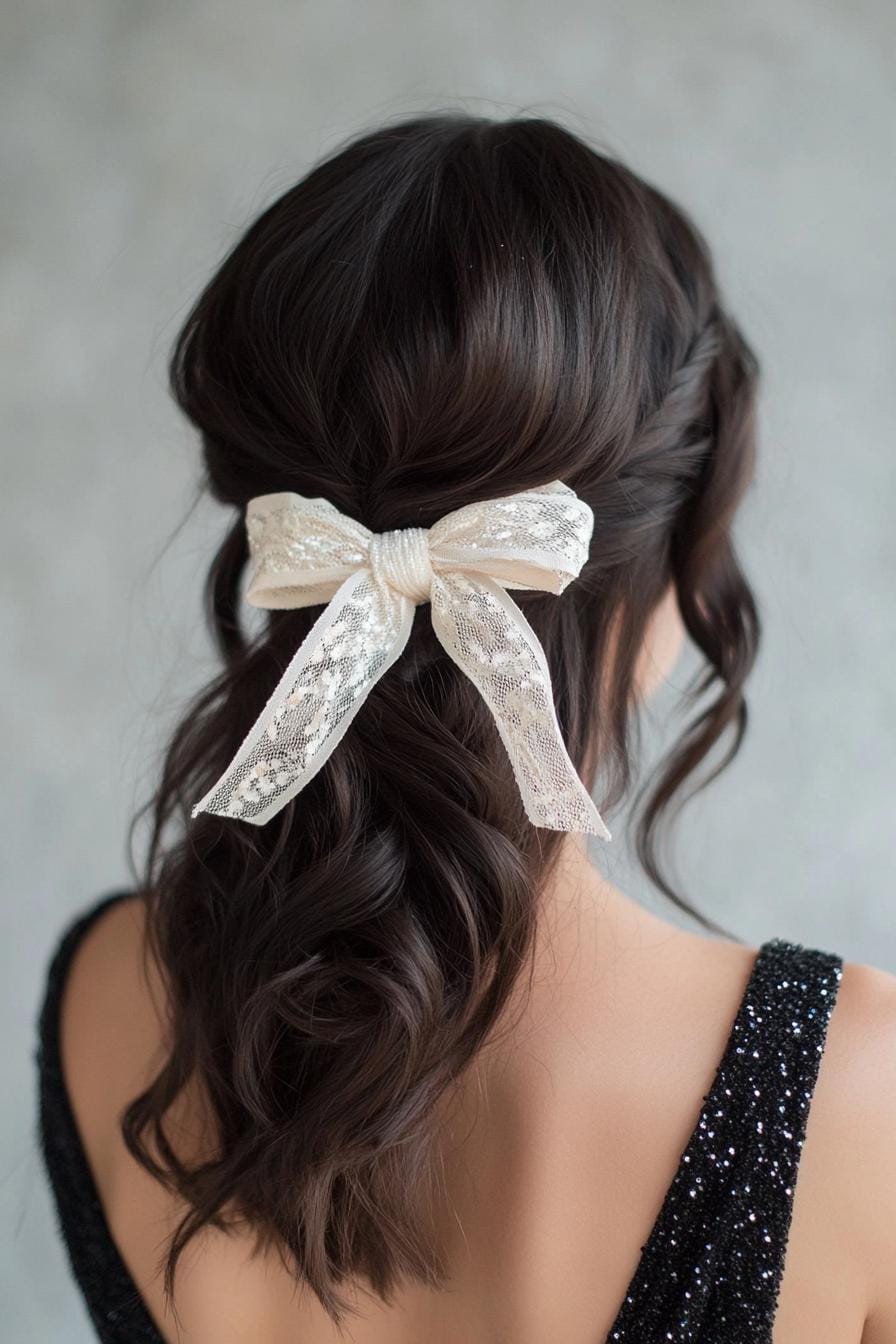 Short wavy hair styled with a white lace bow