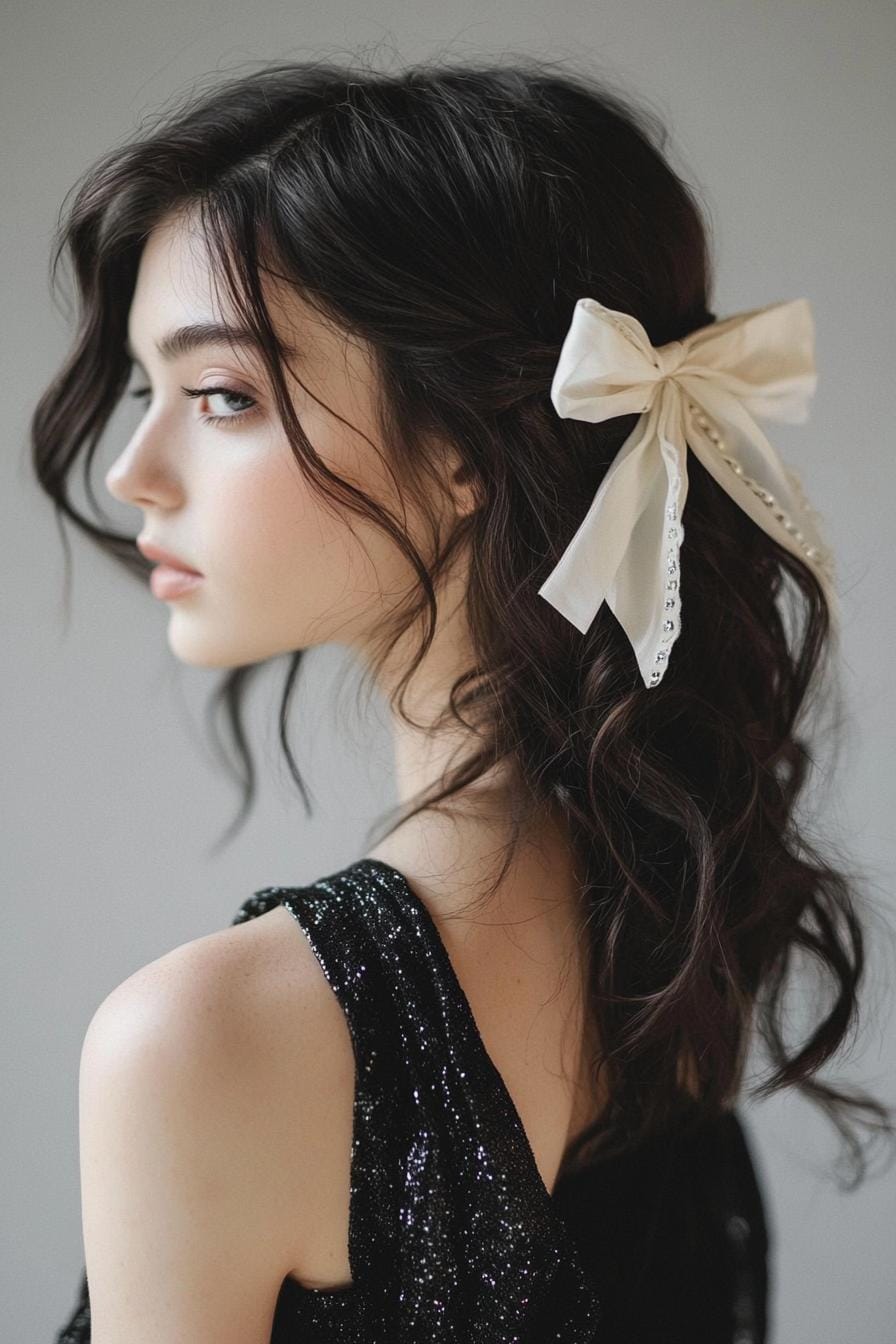 Short dark hair styled with gentle waves and adorned with a large white bow