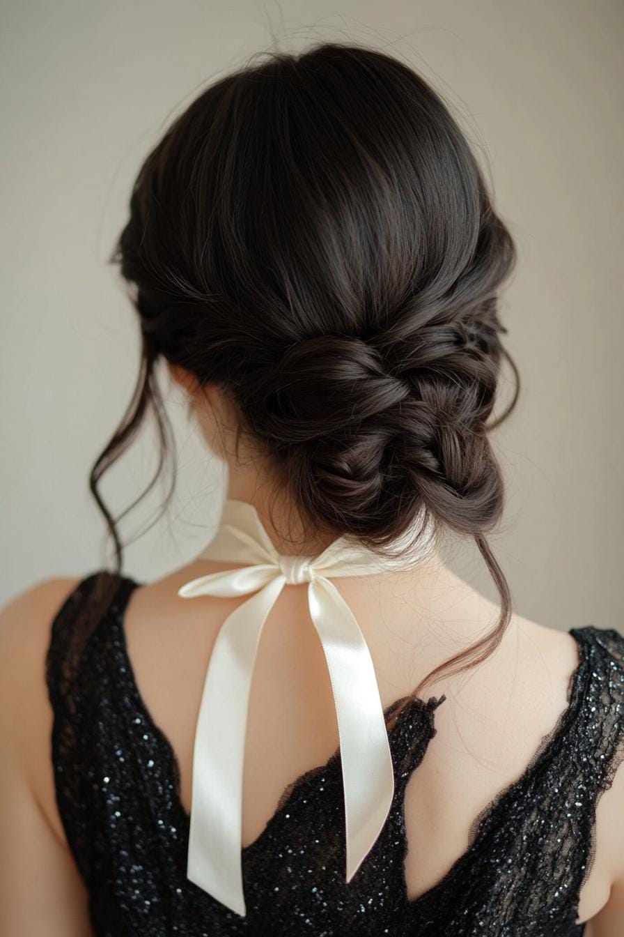 Sophisticated updo with elegant ribbon accent